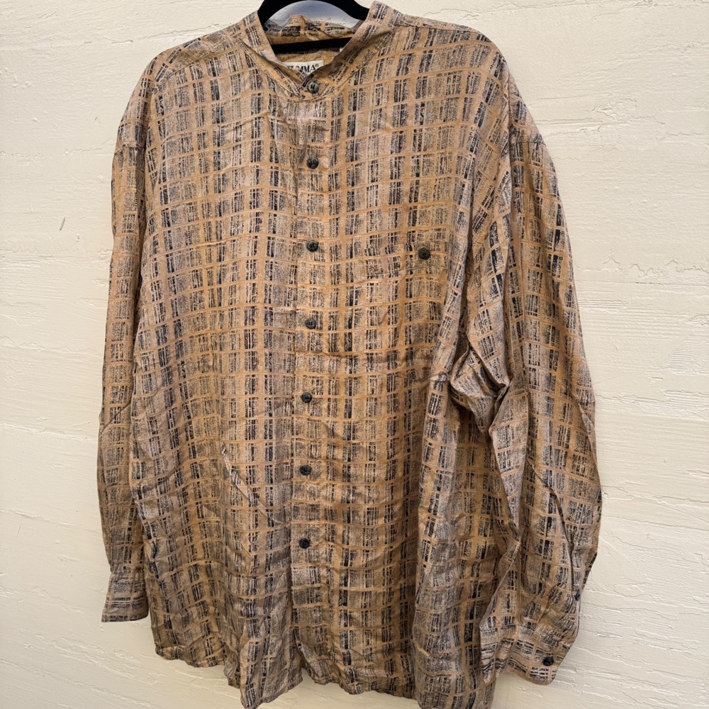 Summa Silk Shirt Large Tan Vintage 90s Silk Abstract Banded Collar Men Button Up